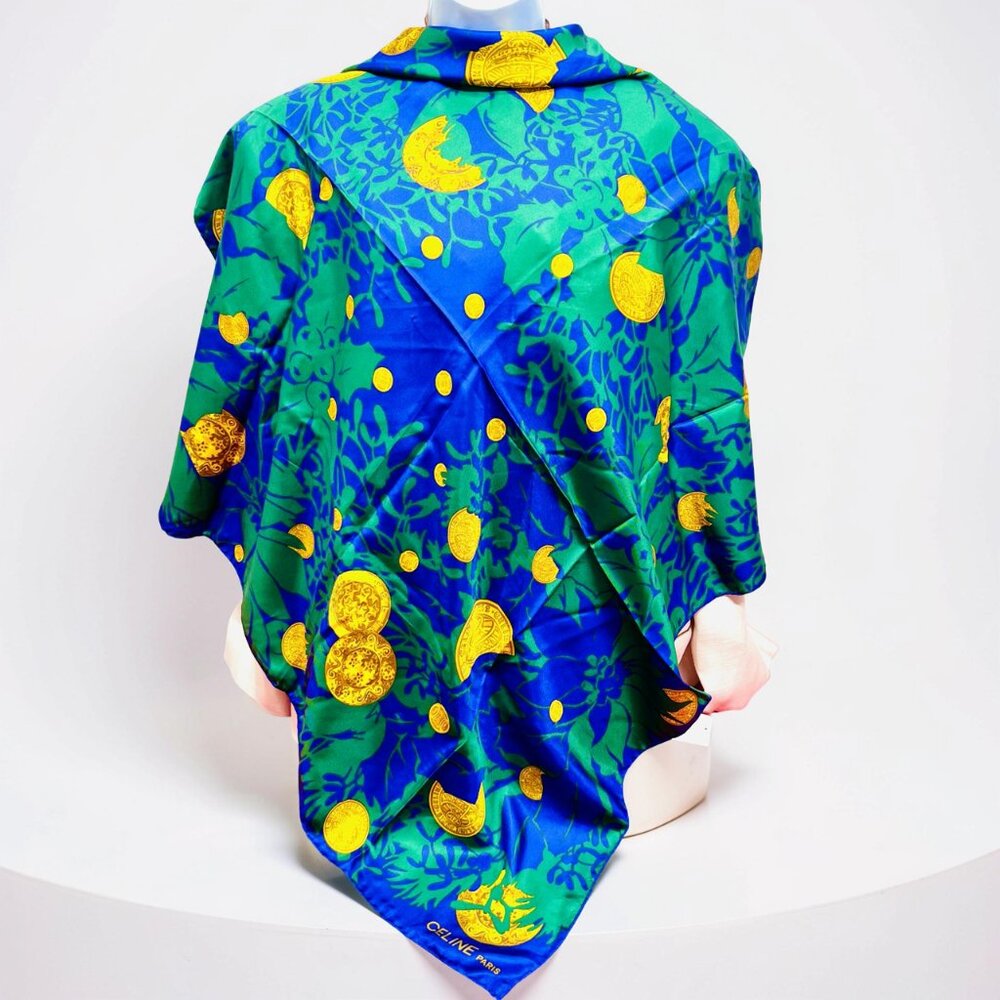 Vgt  Celine Paris 100% Silk Scarf Satin 34"  Green Blue Purple Floral Gold   (38